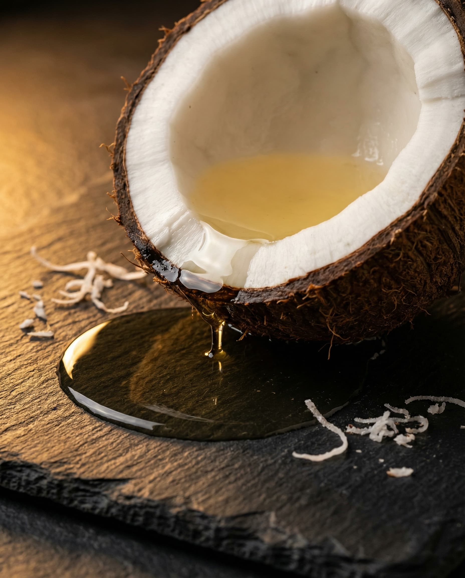 Fresh coconut half with golden oil dripping onto slate