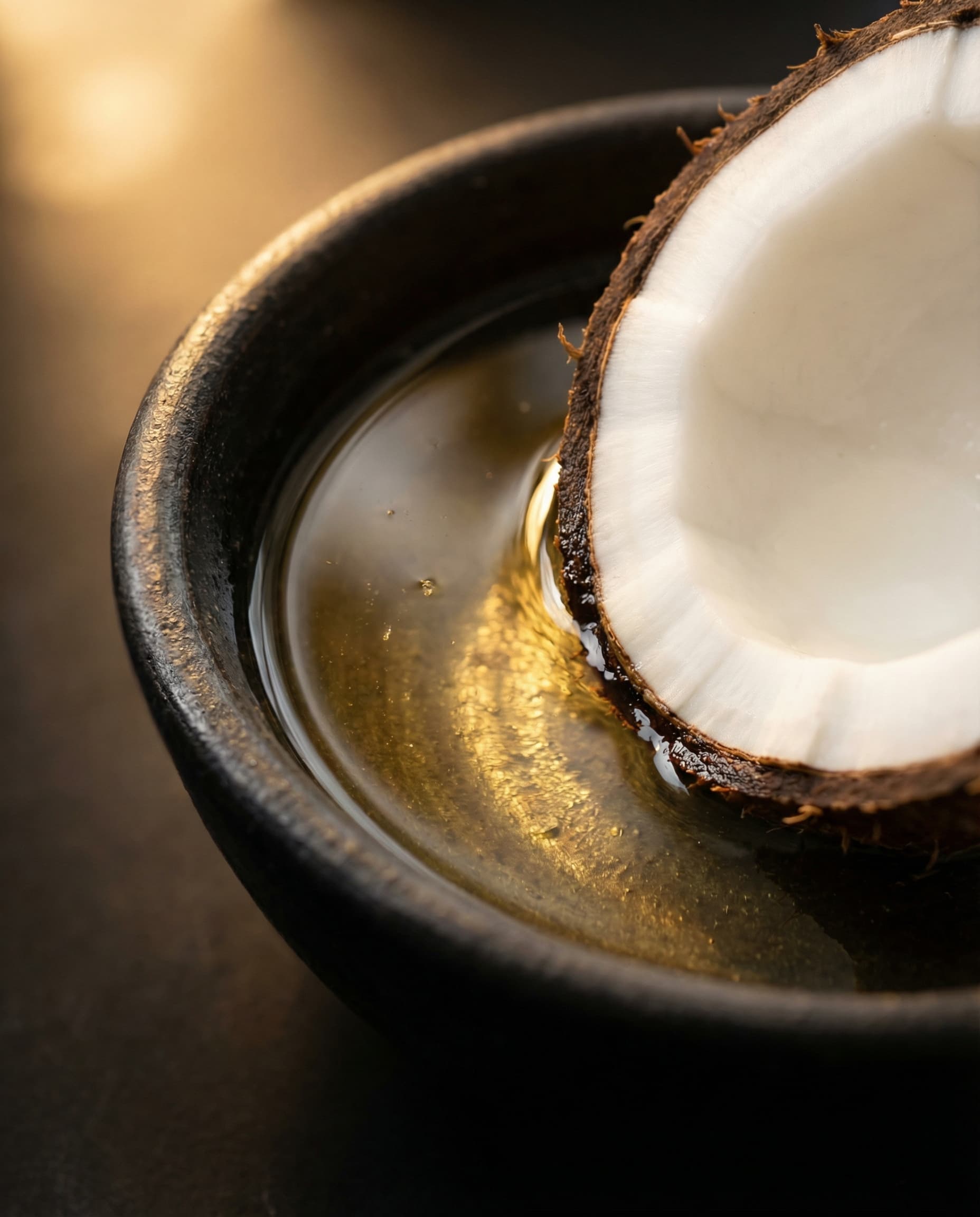 Half coconut resting in a bowl of golden coconut oil