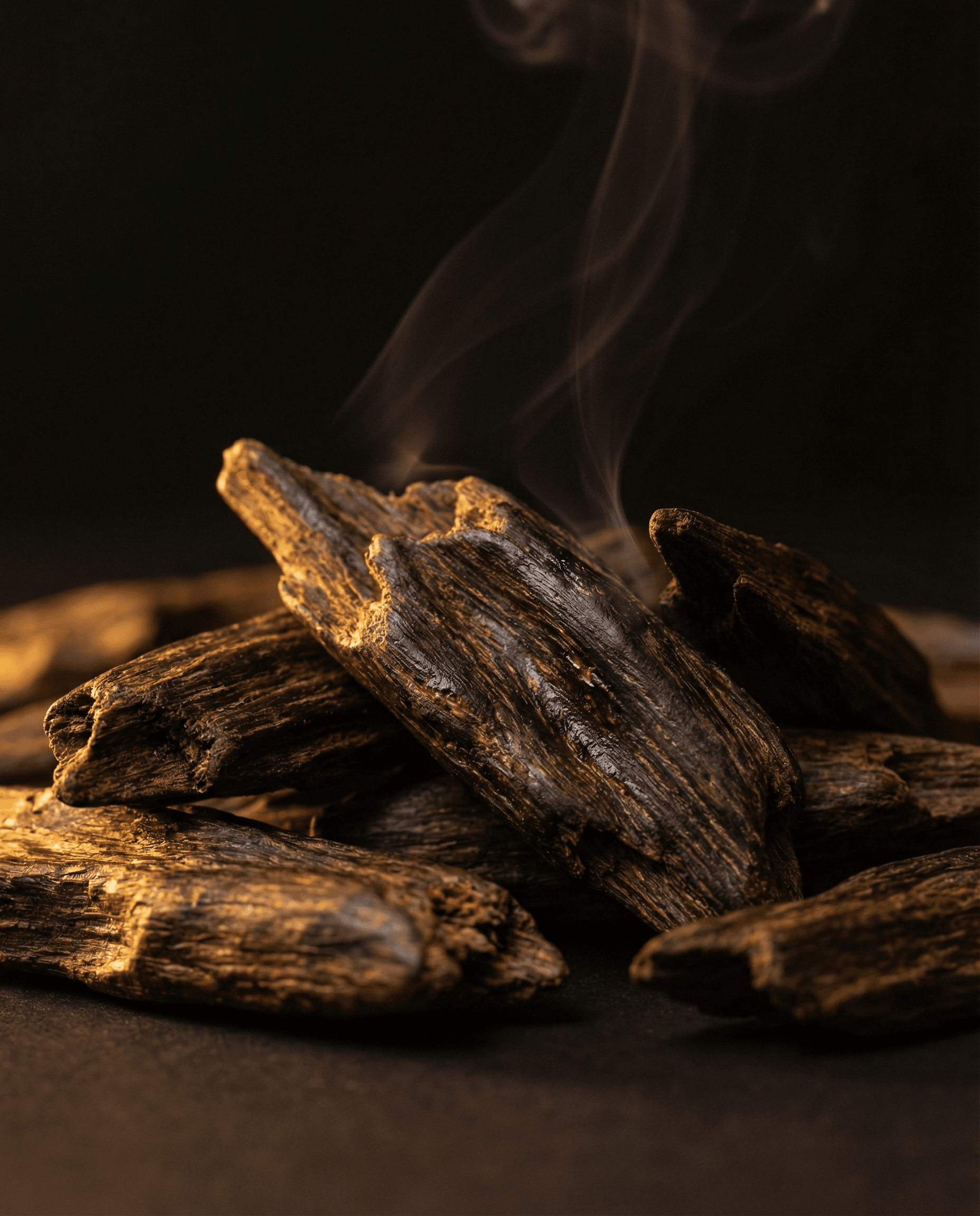 Aged oud wood chips with aromatic smoke