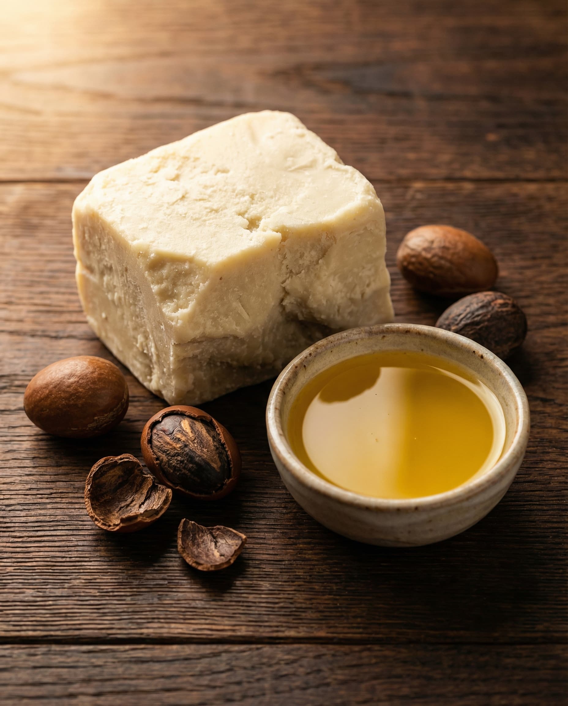 Raw shea butter with shea nuts and oil
