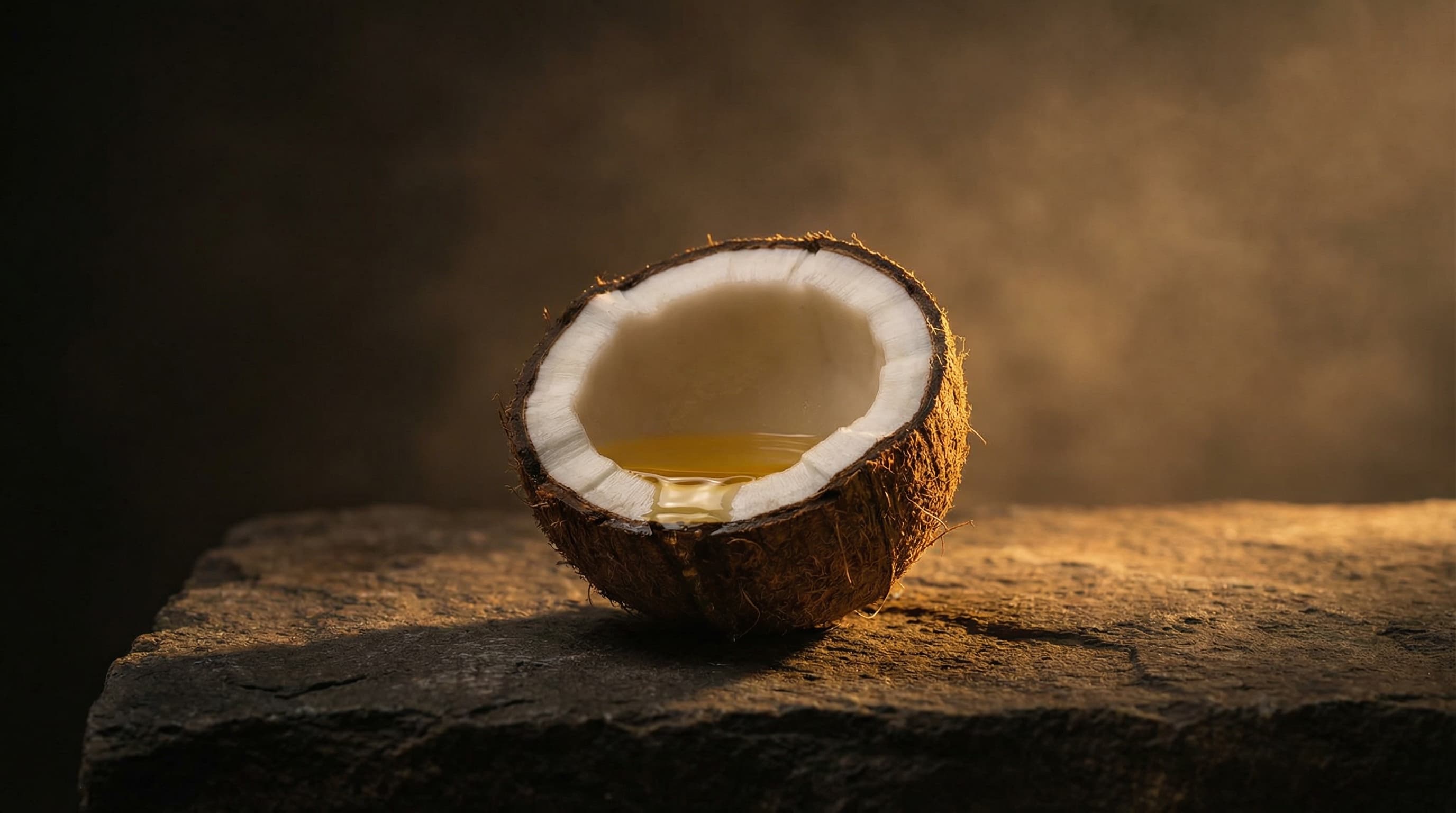 Coconut shell with golden oil on natural stone in warm atmospheric light
