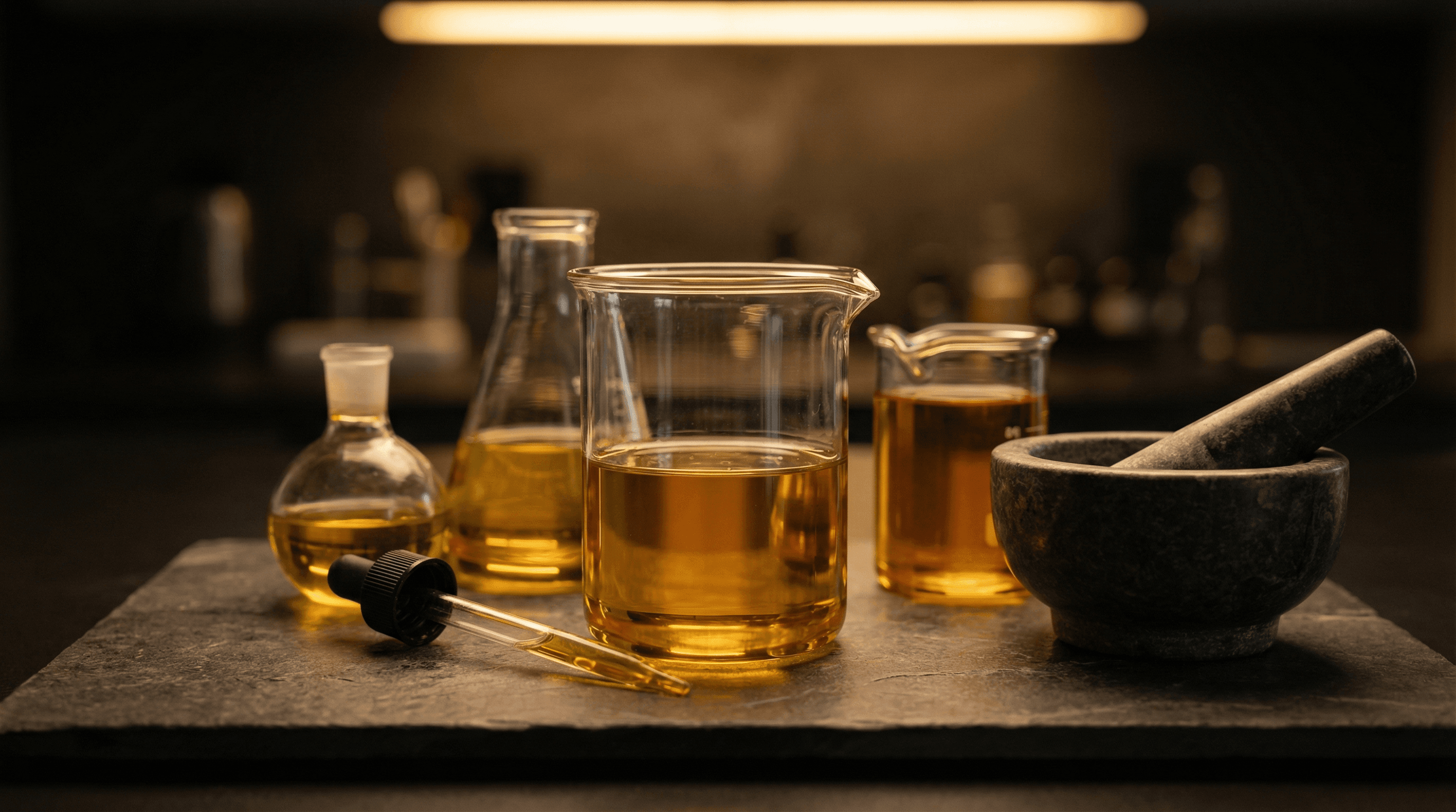 Quality assurance laboratory with botanical oils and testing equipment